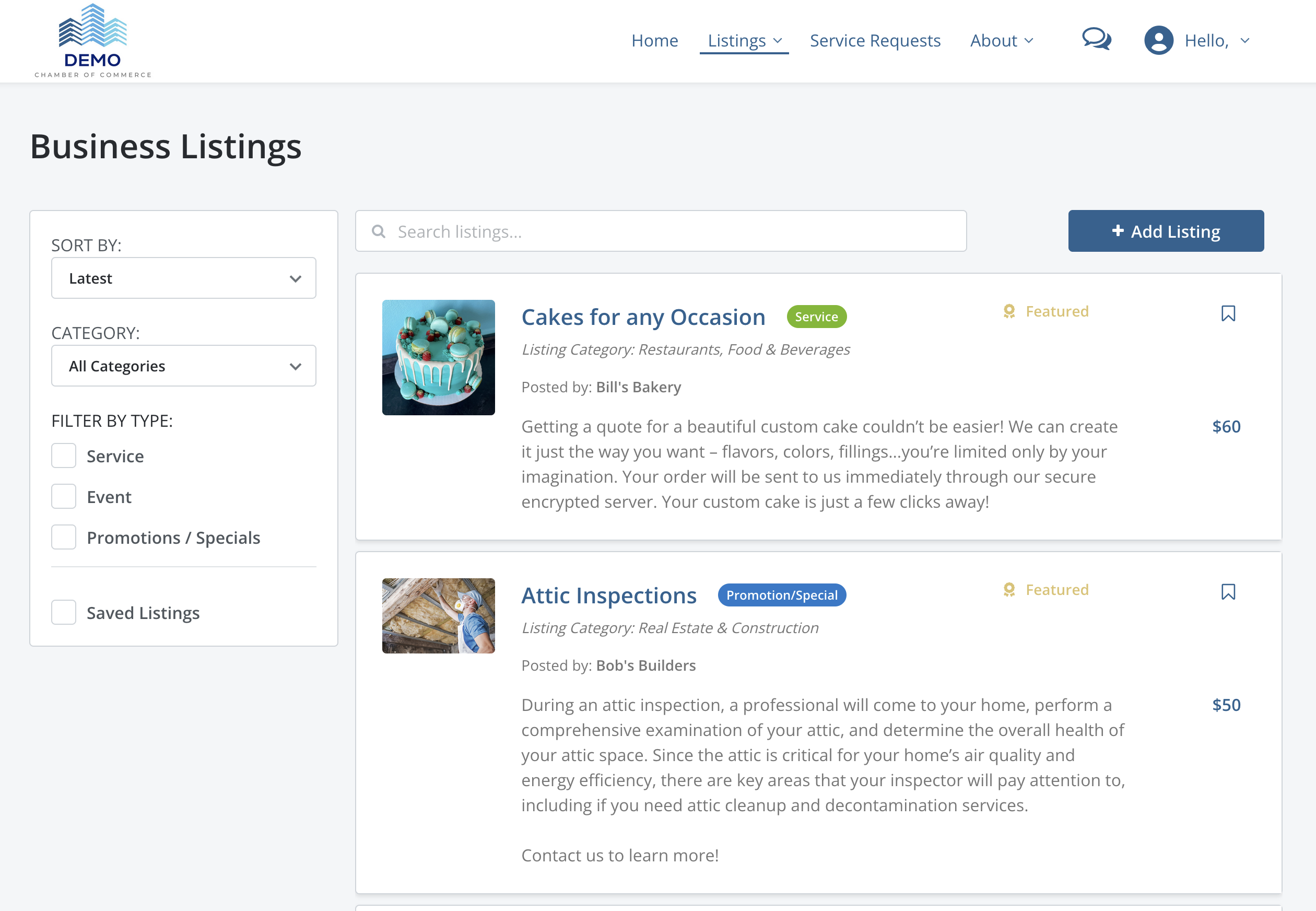 Business Listings Screen